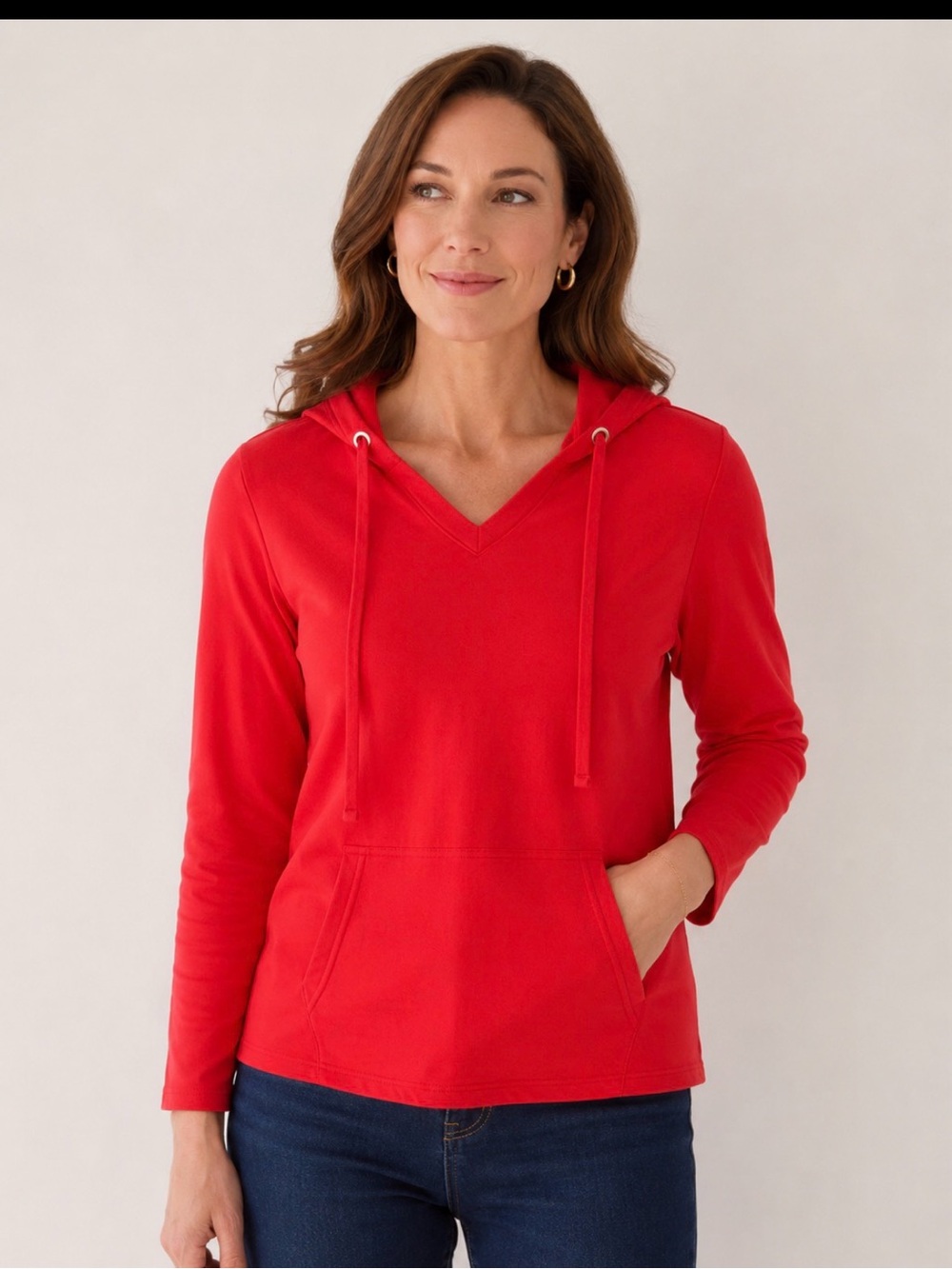 Talbots Bright Red V-Neck Hoodie with Drawstrings